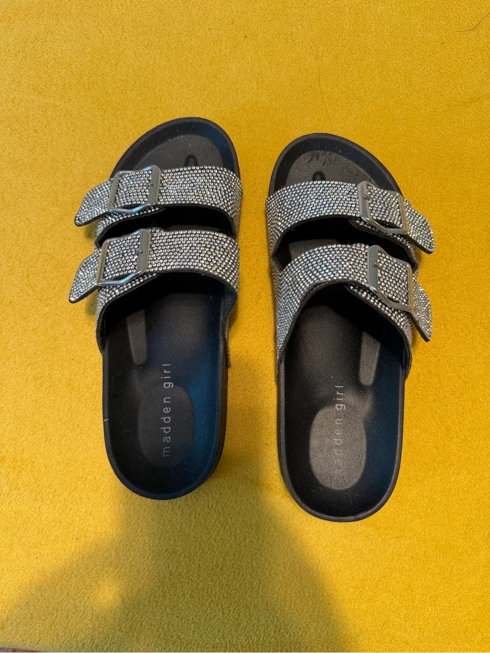 Madden Girl Silver Rhinestone Double-Buckle Slide Sandals